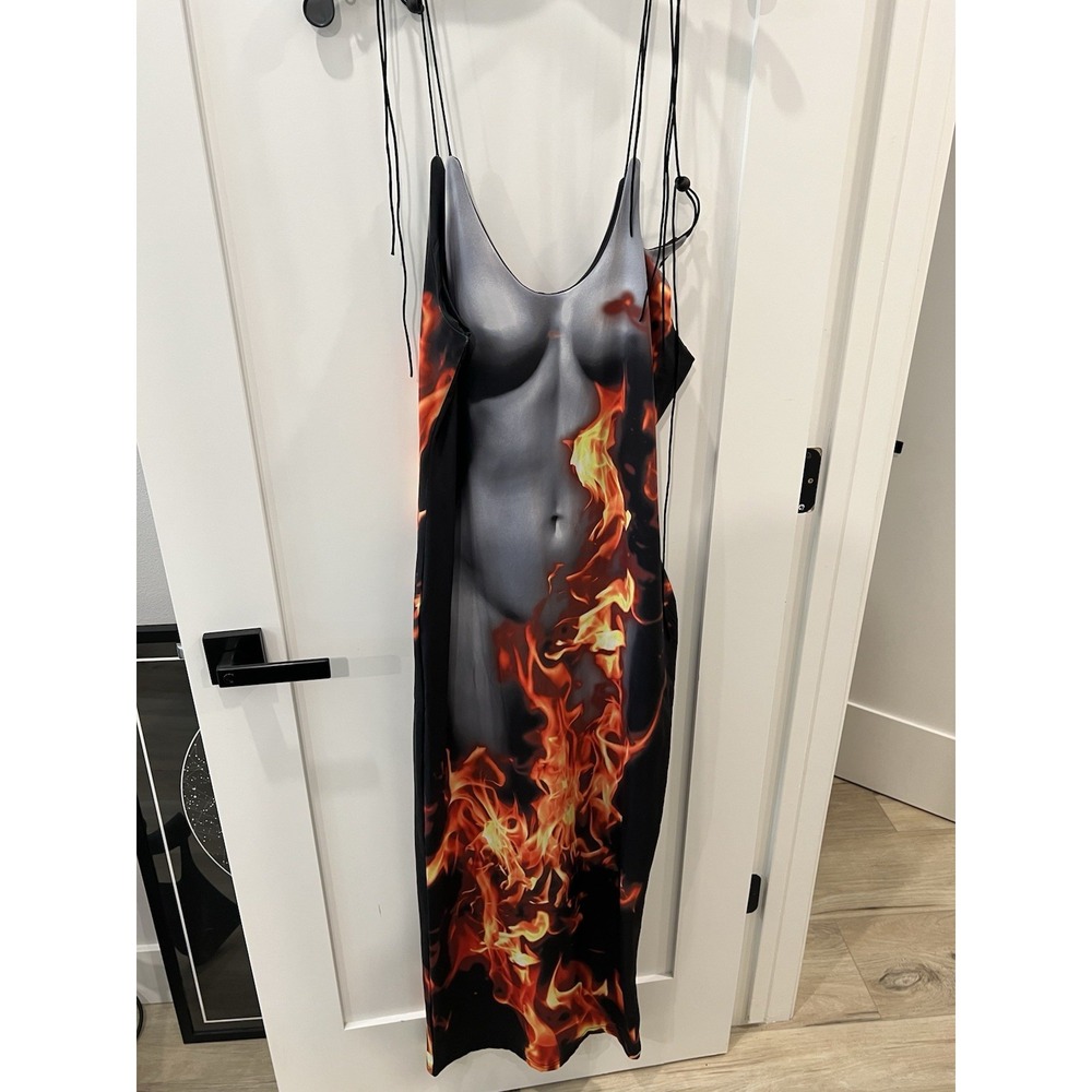 Women's Flame Graphic Bodycon Maxi Dress Black Red Fire Print Sleeveless Size L